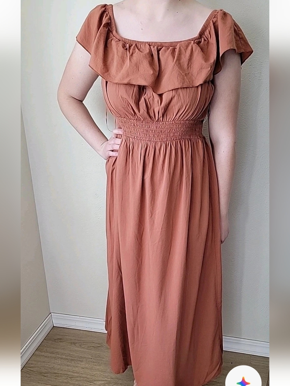 Old Navy Rust Ruffle-Smock Maxi Dress On/ Off Shoulder